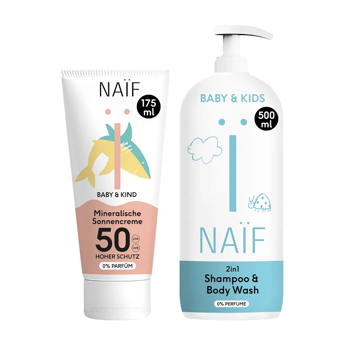 Familienset mit 0% Parfüm: Sonnencreme (175ml) + 2in1 Shampoo & Duschgel (500ml)